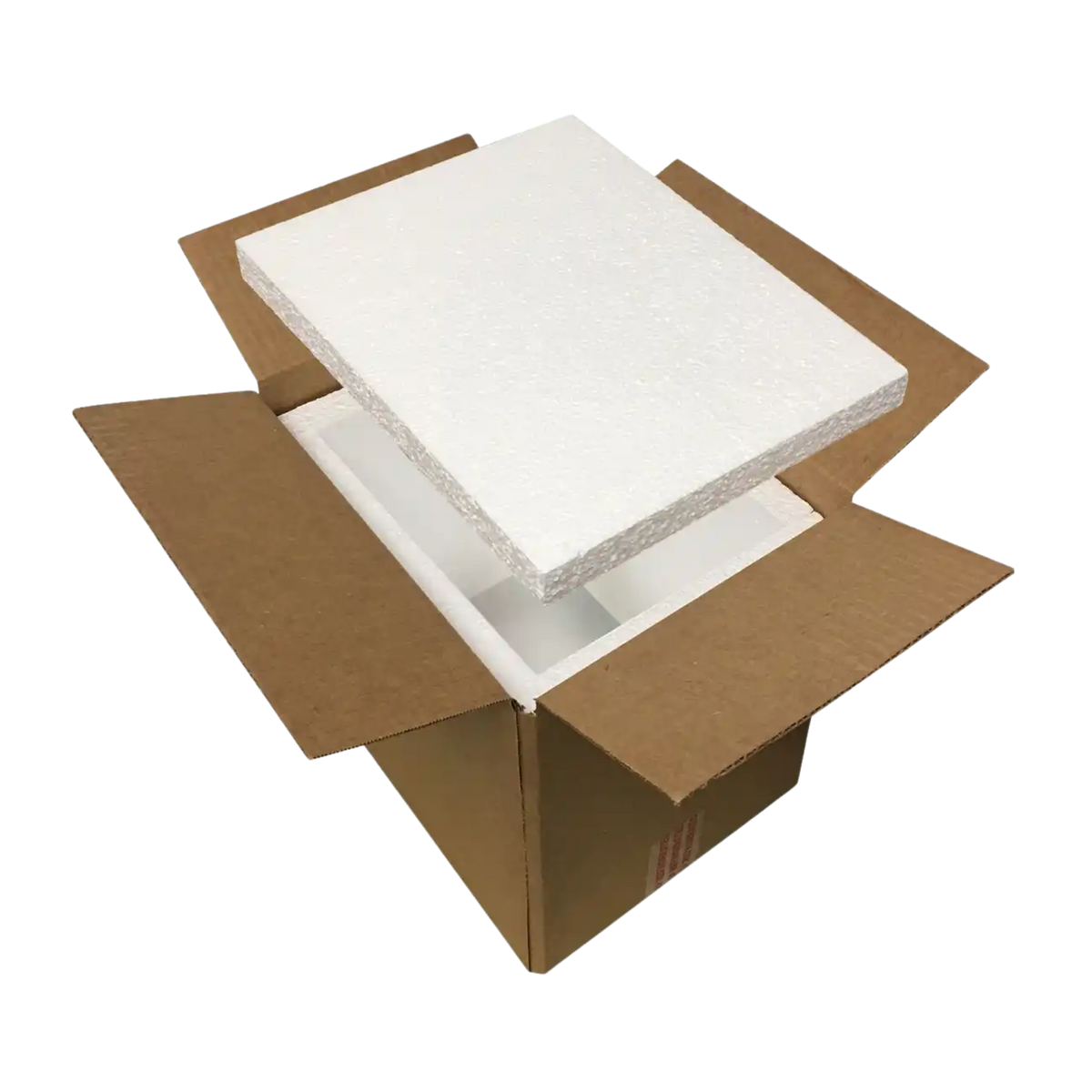 A brown cardboard shipping box with its flaps open, containing white foam padding with the top foam piece hovering above.