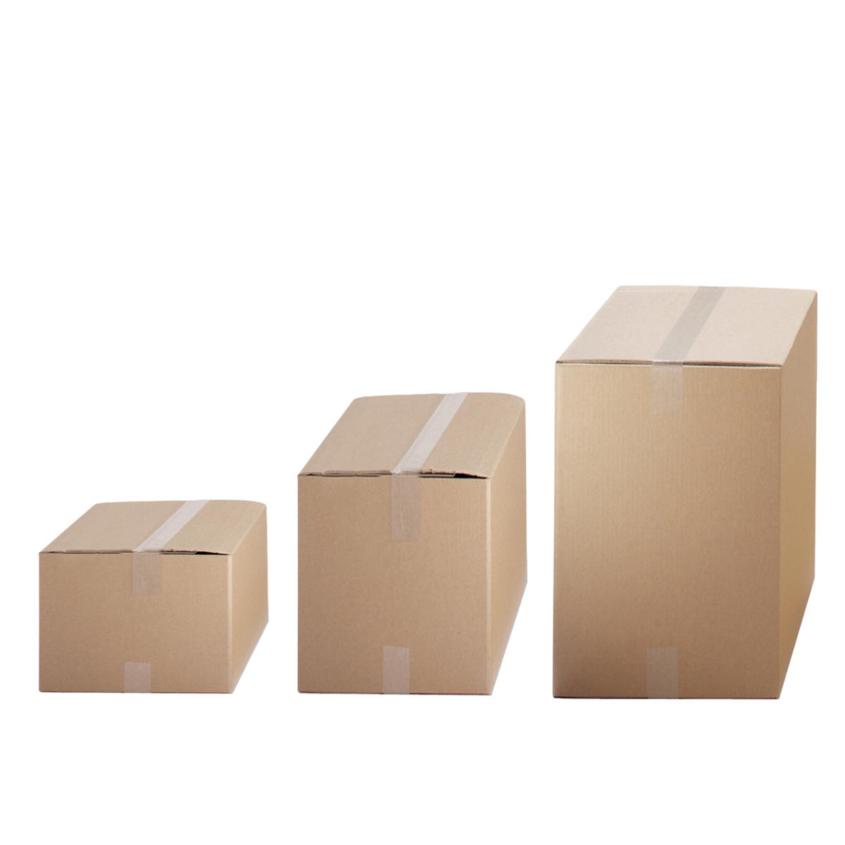 Three unbranded brown cardboard boxes of different sizes arranged in ascending order of height, sealed with clear tape.