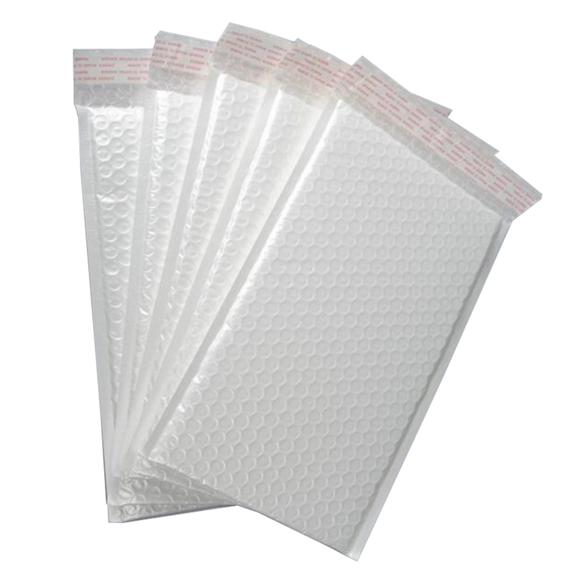 Four clear bubble mailers with white bubble-patterned inserts and red seal tape at the top, arranged in a fan shape.