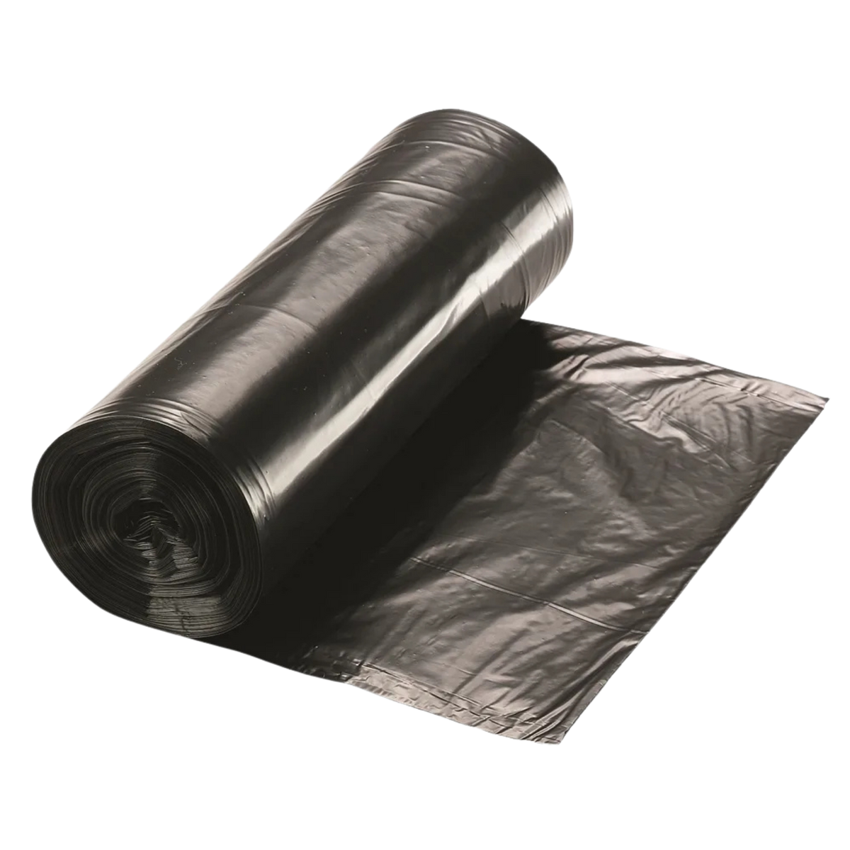 A roll of black plastic trash bags with one bag unrolled to show the glossy, crinkled texture.