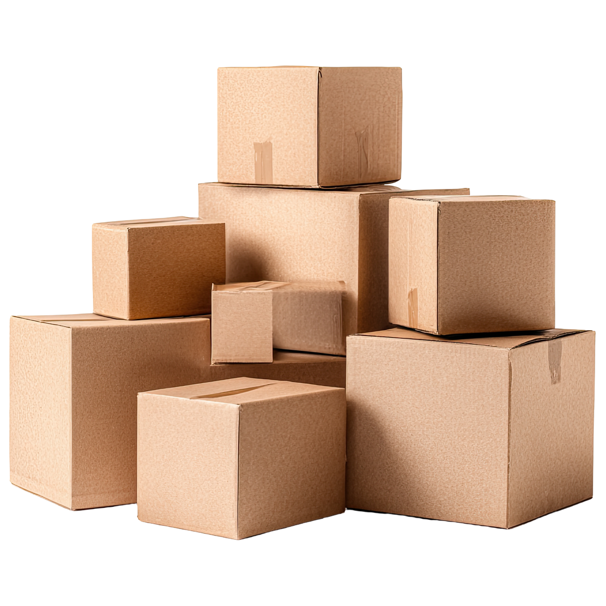 A stack of plain brown cardboard boxes of various sizes, arranged in a pyramid-like pile.