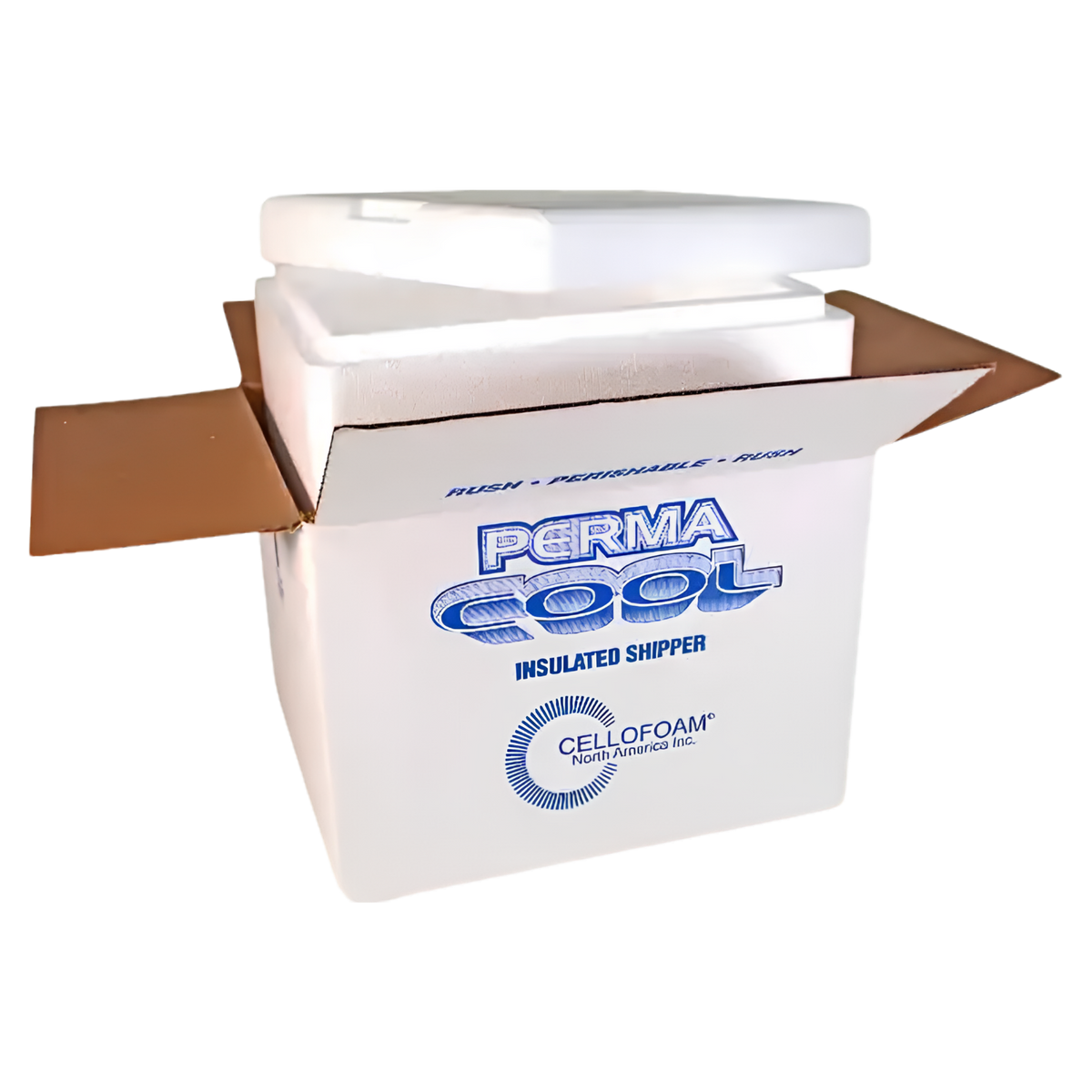 A white Perma Cool insulated shipping box with brown cardboard flaps and a white foam lid.