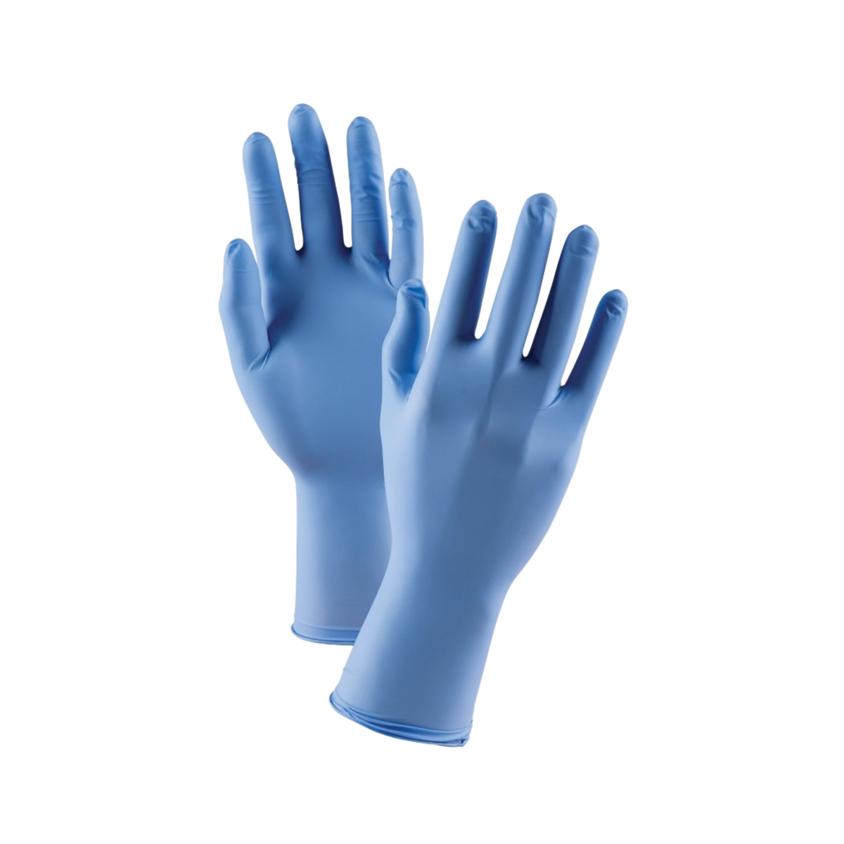 A pair of light blue disposable nitrile gloves shown against a solid white background.