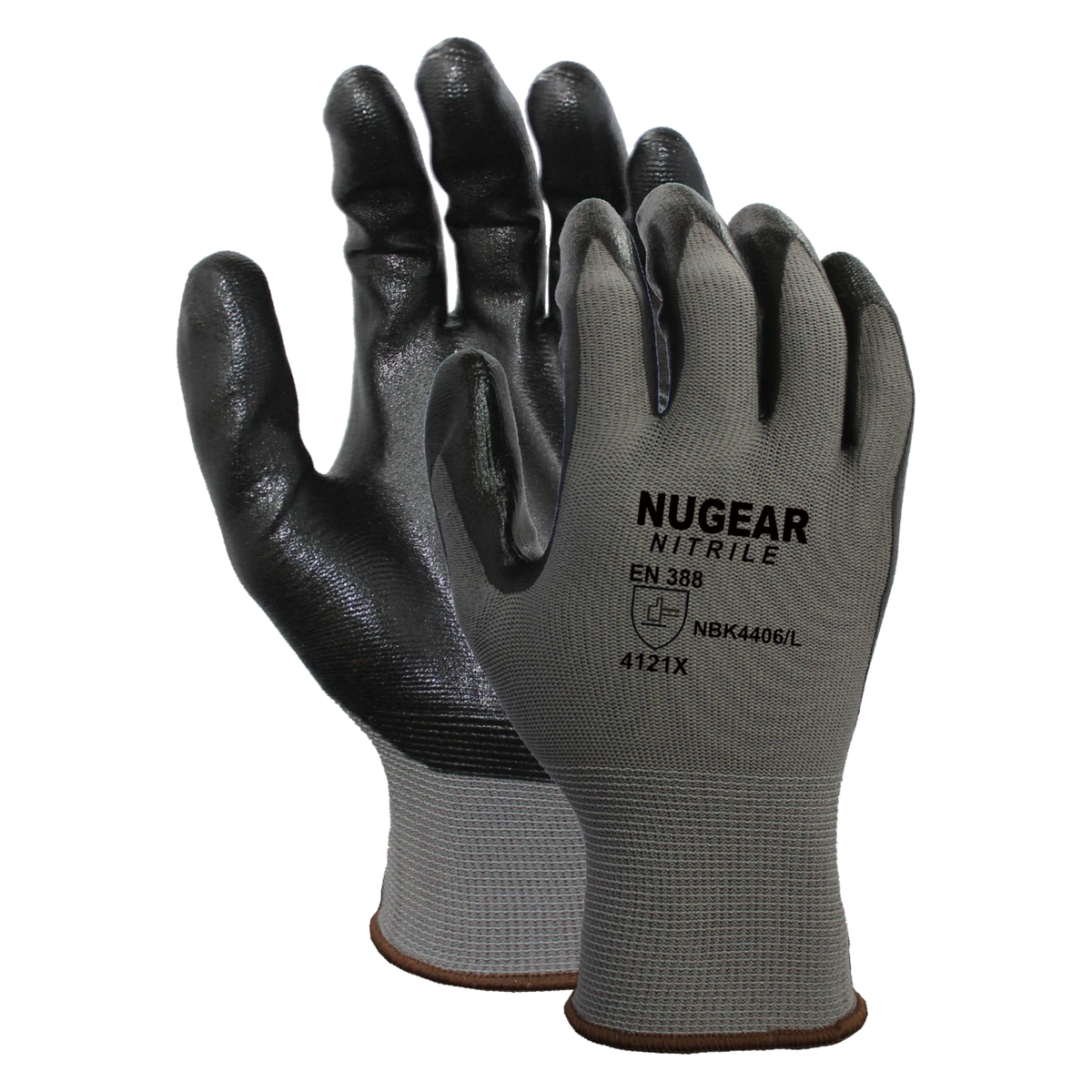 A pair of gray nitrile work gloves with black-painted fingertips and palms, showing the NUGEAR brand logo on the back.