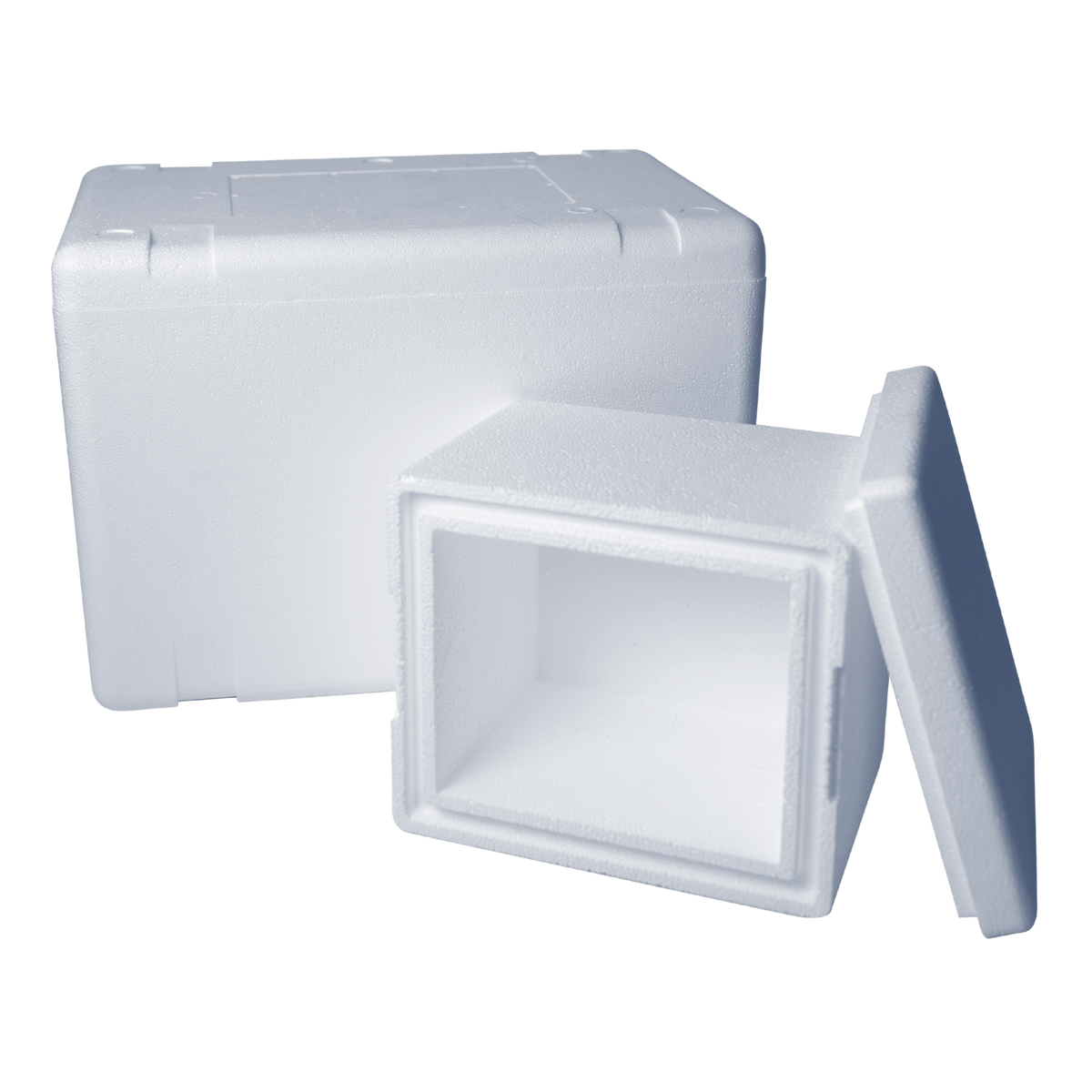 A white styrofoam cooler box with its lid off, shown alongside another closed cooler box.