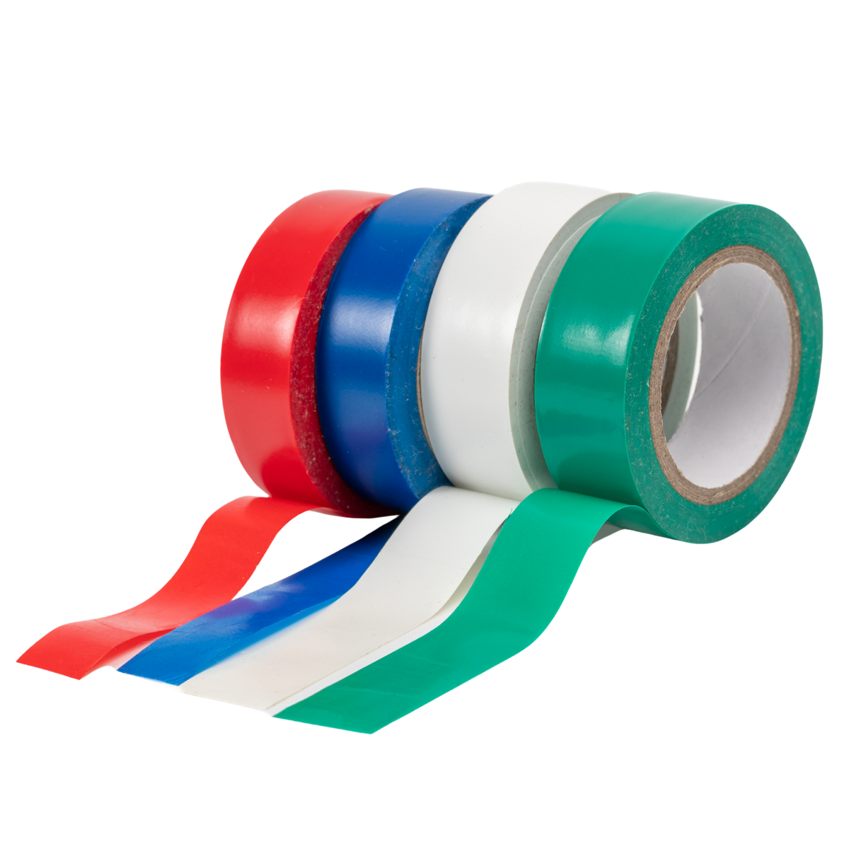 Four rolls of tape in red, blue, white, and green, with strips of the tape unrolled in front.