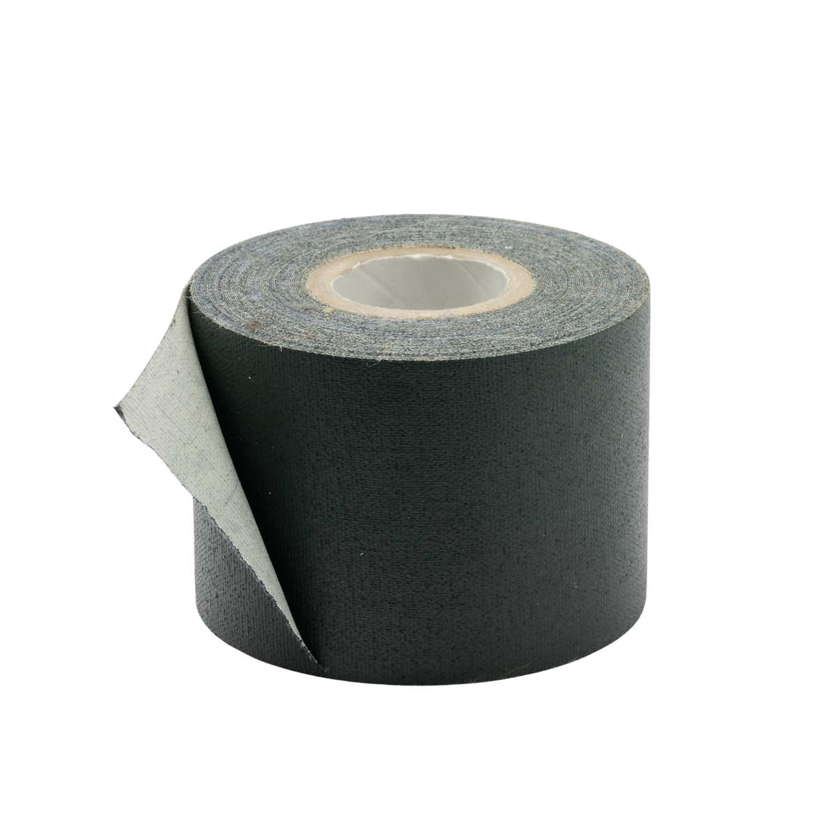 A roll of black athletic tape with a textured surface, showing a peeled-back edge that reveals a light gray backing.