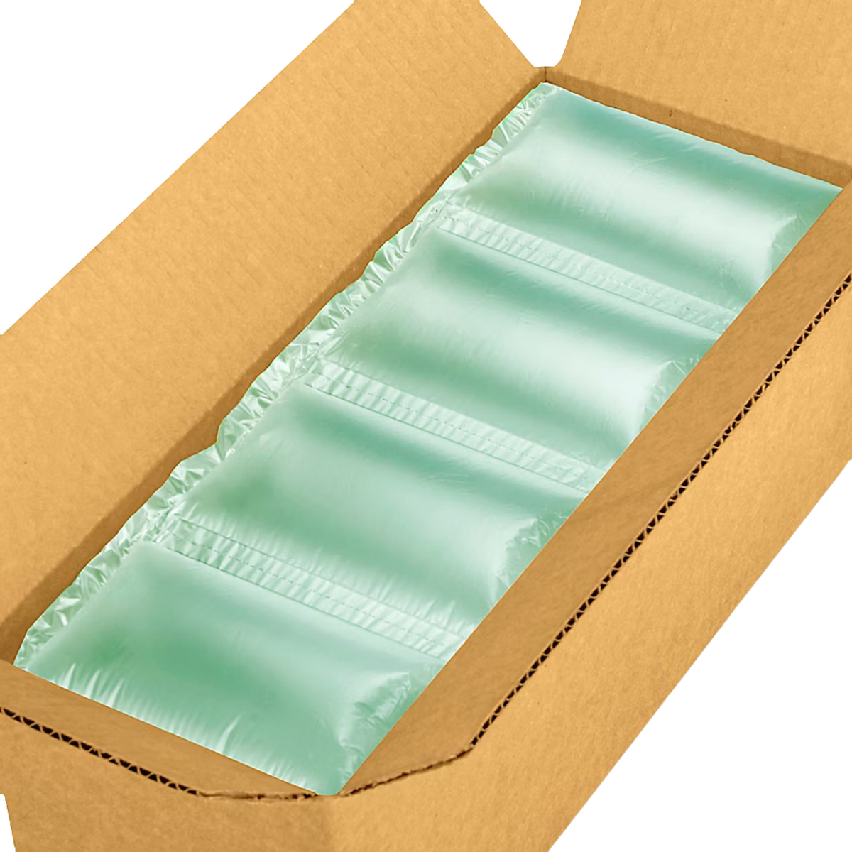 A set of four light mint green inflatable air pillows arranged inside a brown cardboard box.