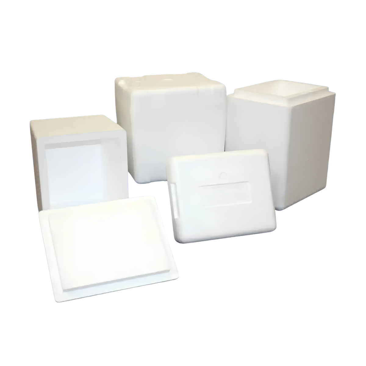 Five white foam Expanded Polystyrene (EPS) Coolers of various sizes and shapes, including lids.