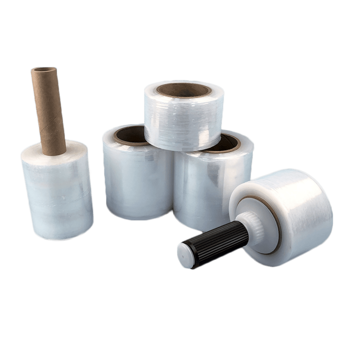 Several rolls of clear plastic wrap or film on cardboard cores, with one roll lying on its side showing a black-and-white threaded end.