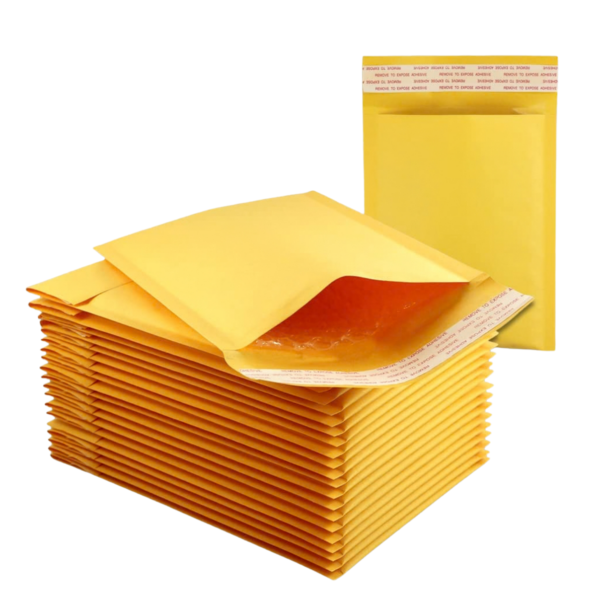 A stack of yellow bubble mailers with one open envelope showing a clear adhesive flap, alongside another single yellow mailer pouch.
