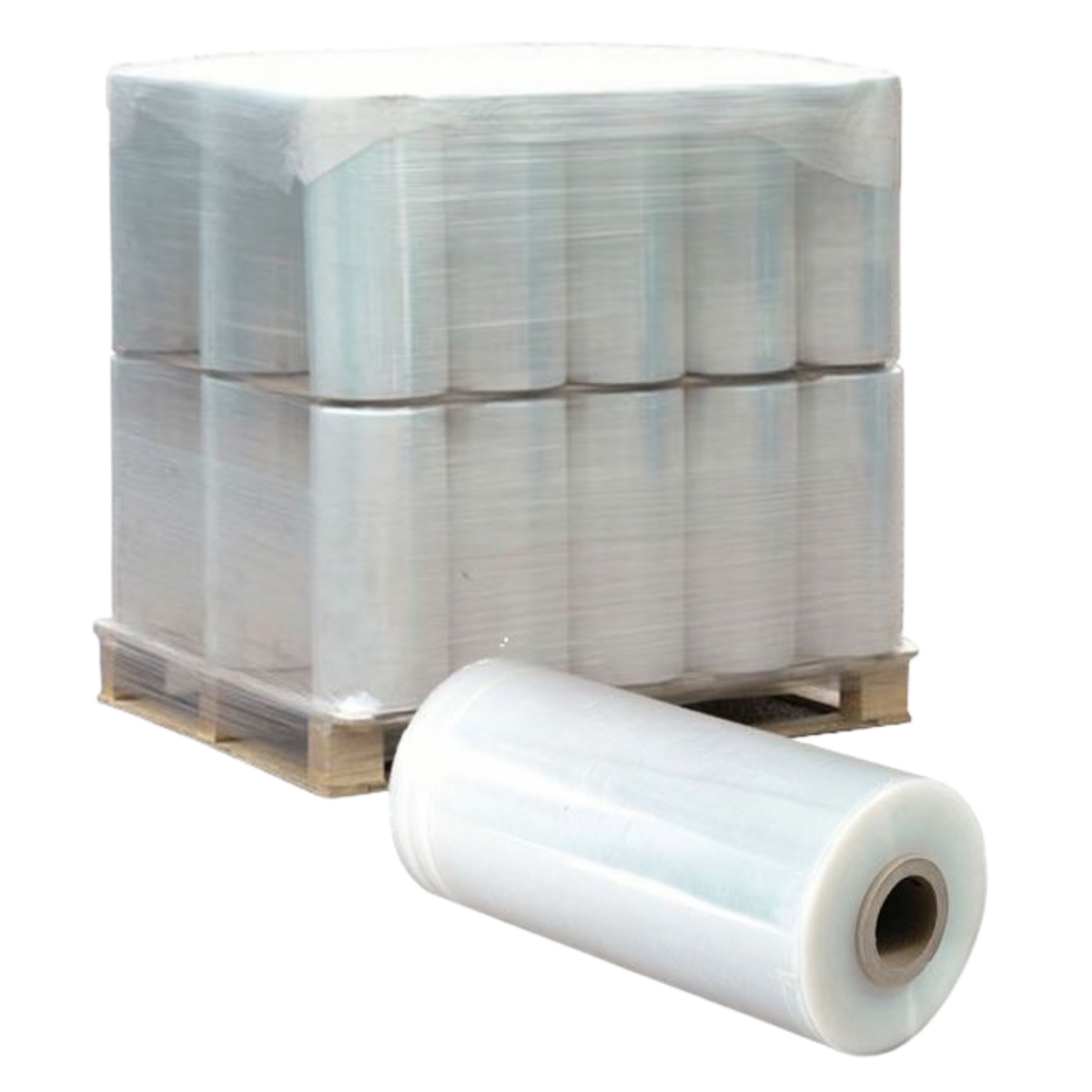 A pallet stacked with large rolls of clear plastic stretch film, with one roll placed in front.