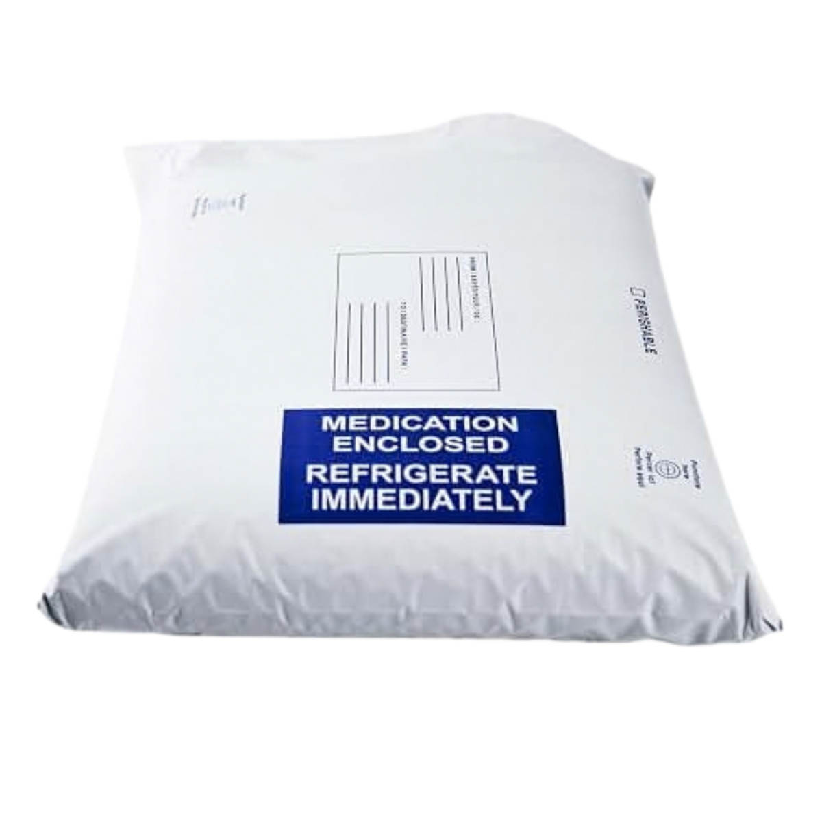 A white plastic bag of medication with a blue label that reads 'MEDICATION ENCLOSED REFRIGERATE IMMEDIATELY'.
