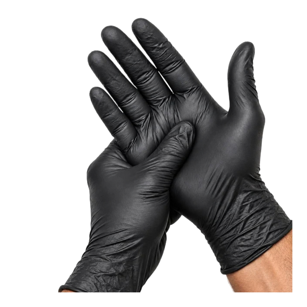 Two black nitrile gloves being worn on hands.