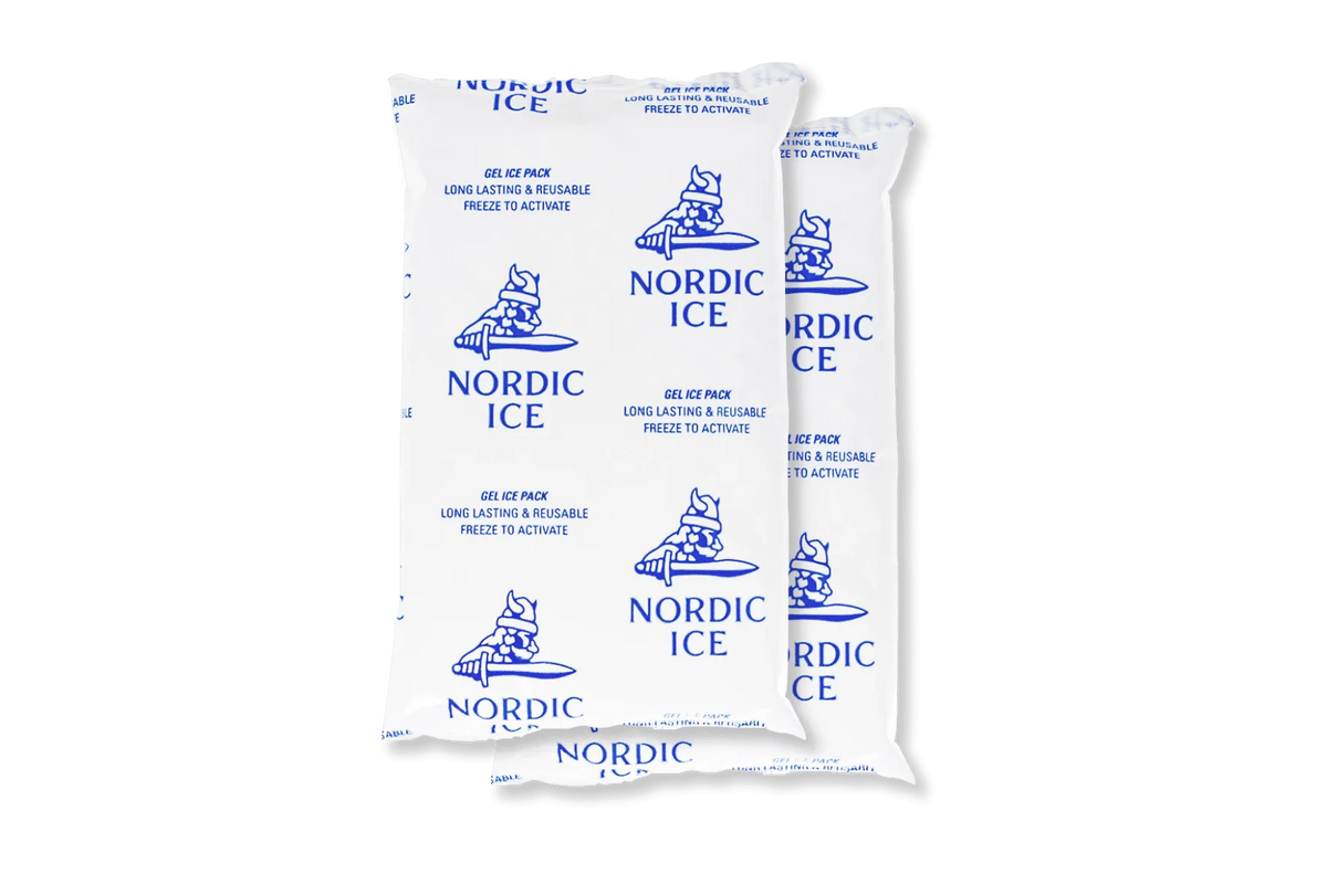 Two white gel ice packs with blue Nordic Ice logos and text.