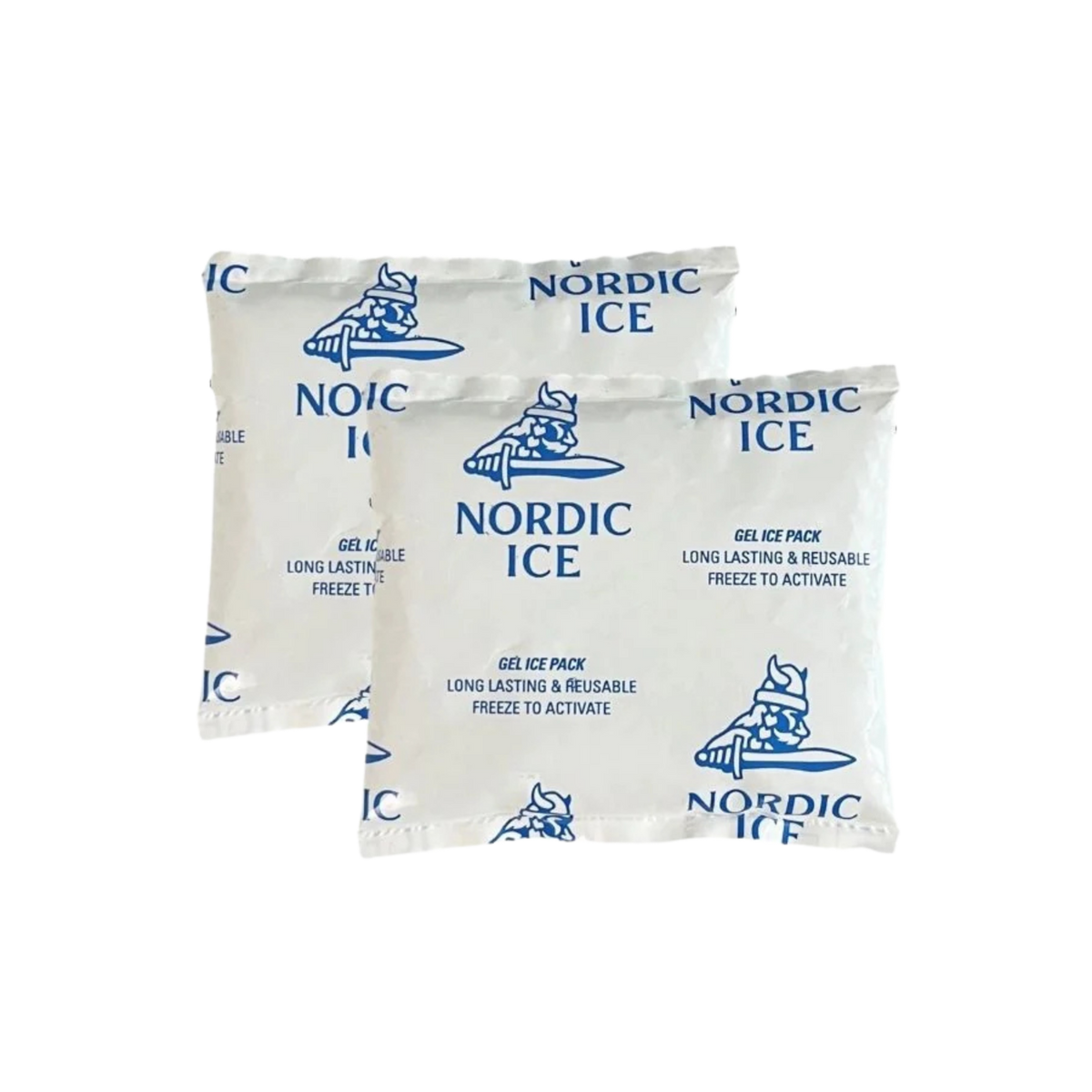 Two white Nordic Ice gel ice packs with blue printed logos and text, shown on a plain white background.