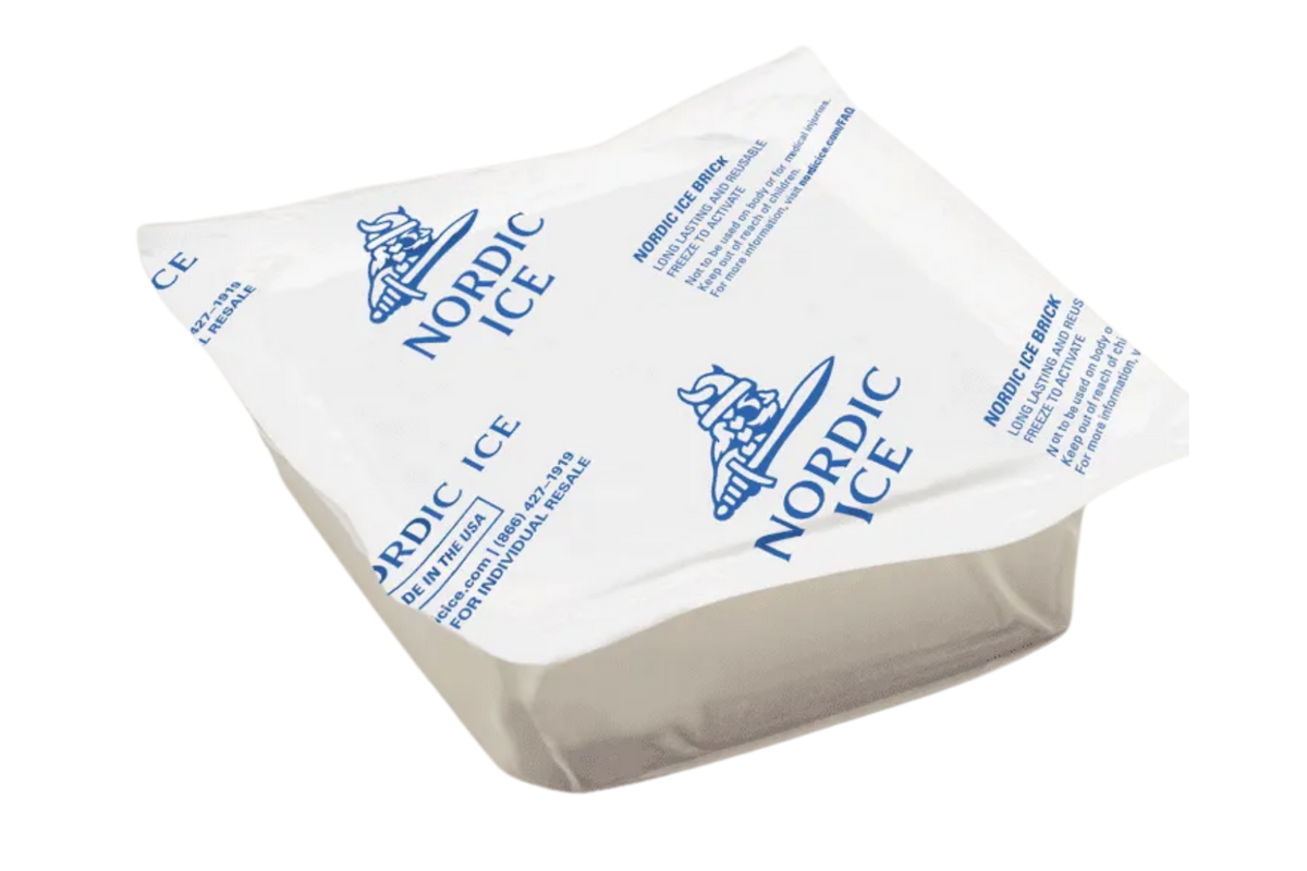 A white Nordic Ice pack with blue printed branding and text, photographed on a plain white background.