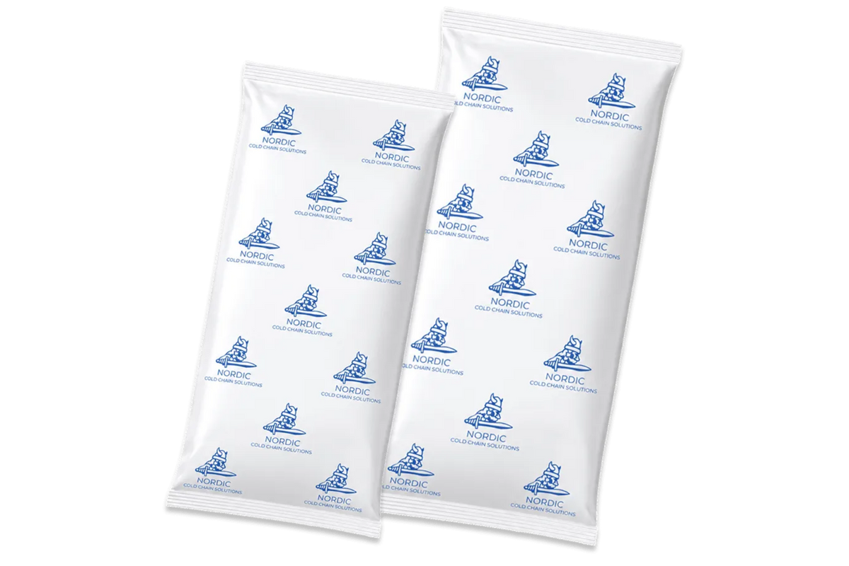 Two white resealable pouches with blue Nordic Collection Scandinavia sailboat logos.