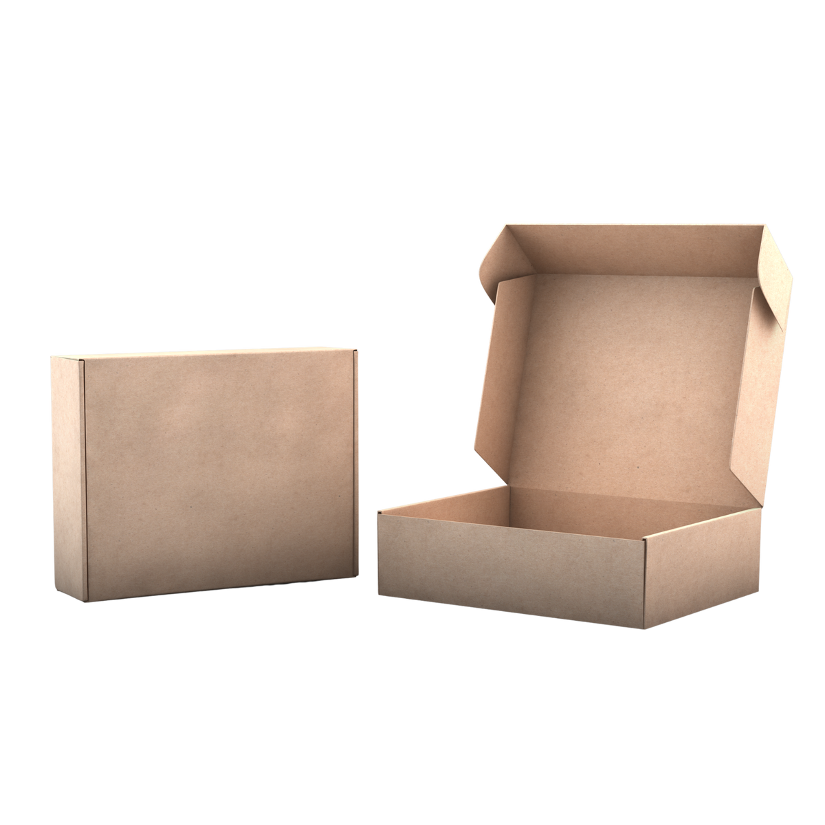 Two plain brown cardboard boxes on a white background, one closed and one open showing the interior.