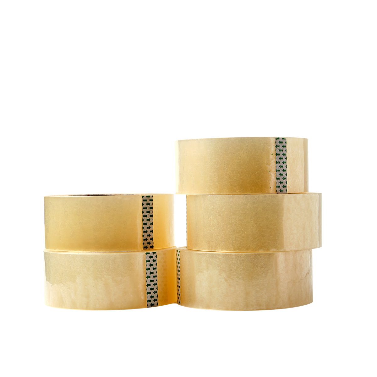 Four rolls of clear packing tape stacked together, showing the adhesive side and patterned tape edge.