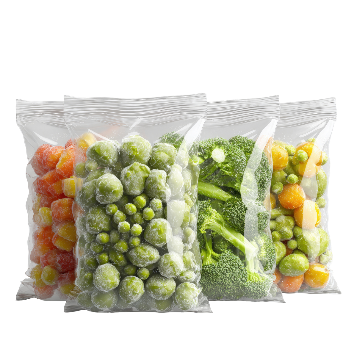 Three clear plastic freezer bags filled with assorted frozen vegetables, including broccoli, Brussels sprouts, and carrots, arranged side by side.