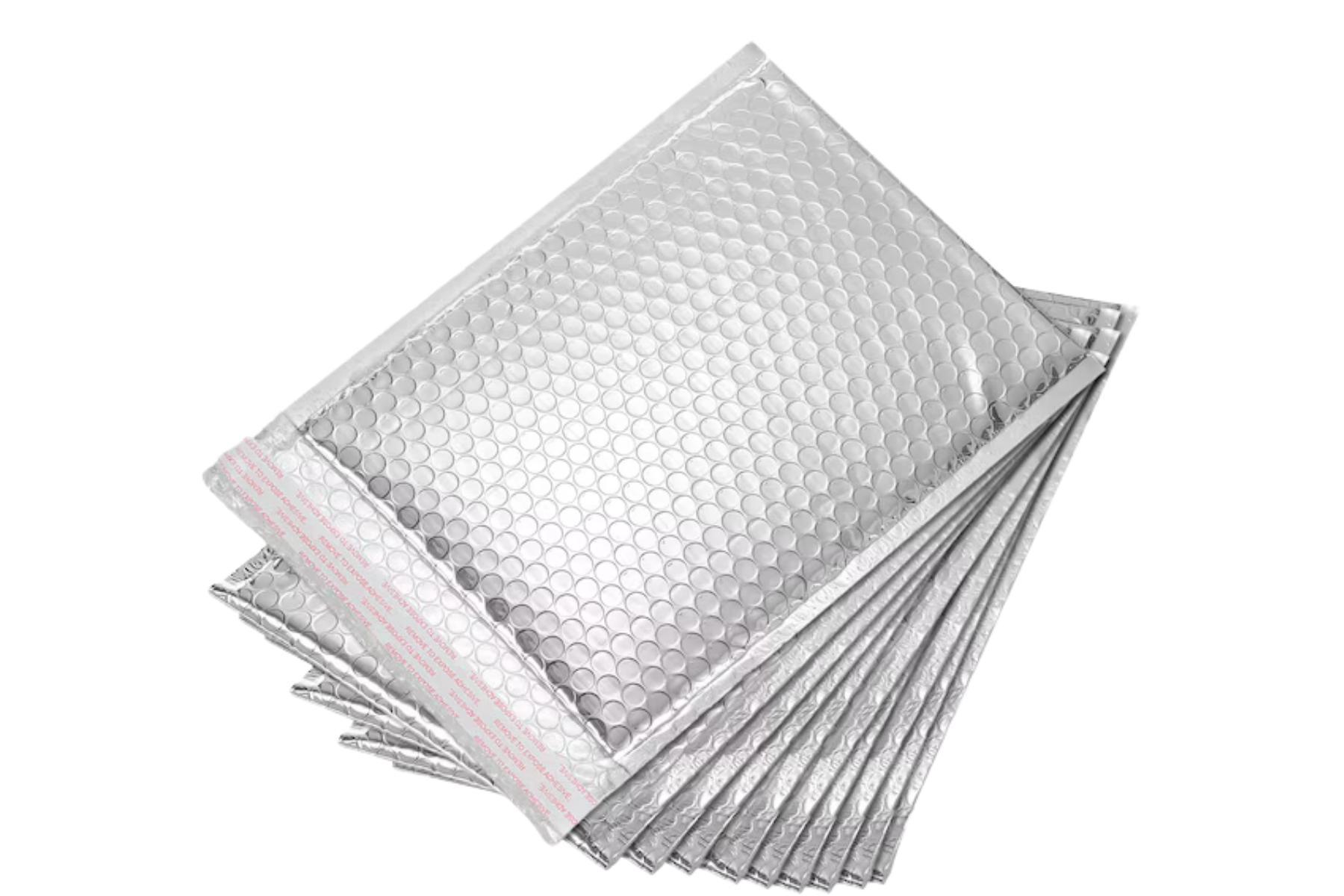 A stack of silver metallic bubble mailers with a honeycomb bubble texture and a pink adhesive strip on the left.