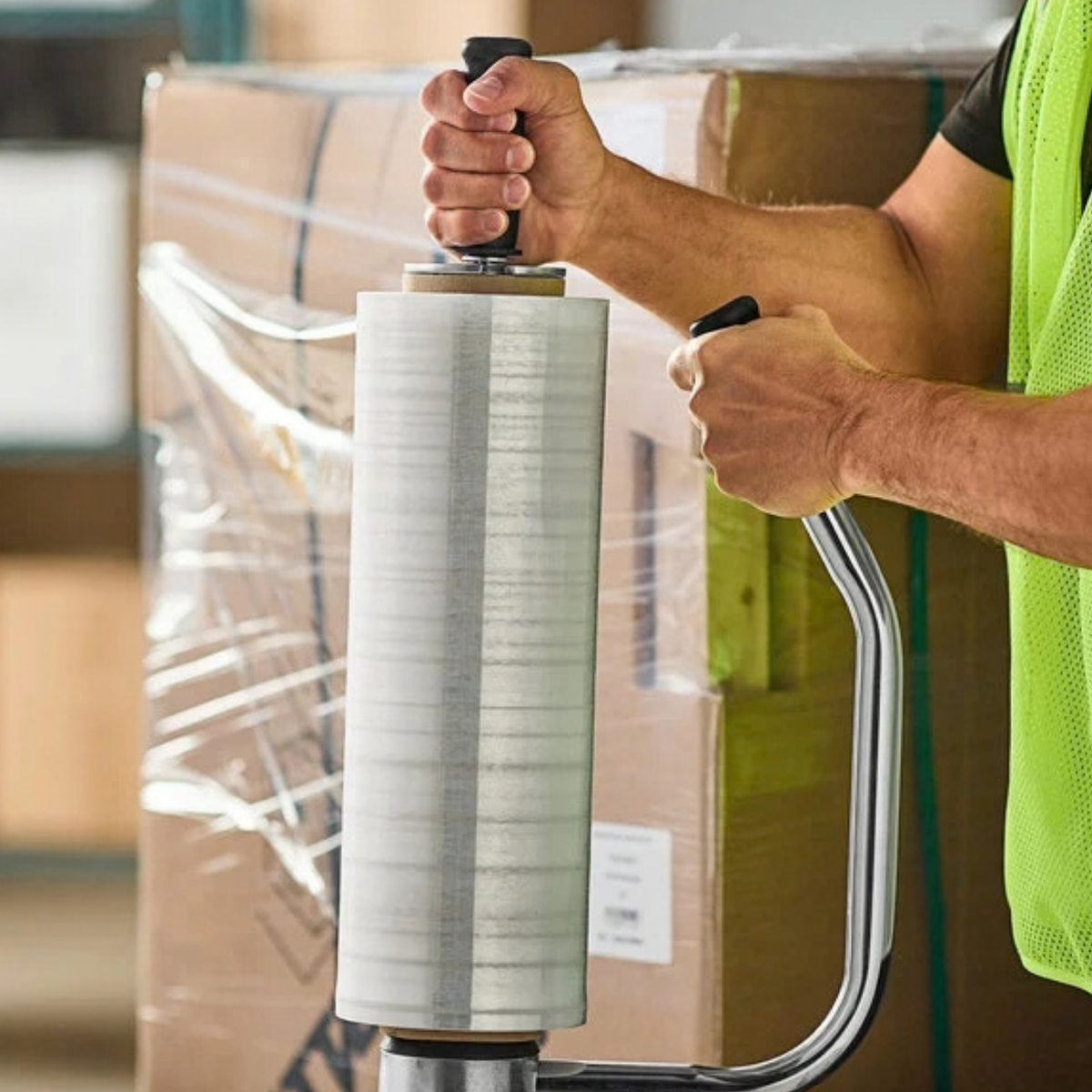 A person in a neon yellow-green high-visibility vest uses a manual plastic wrap machine to wrap a large cardboard box in a warehouse setting.