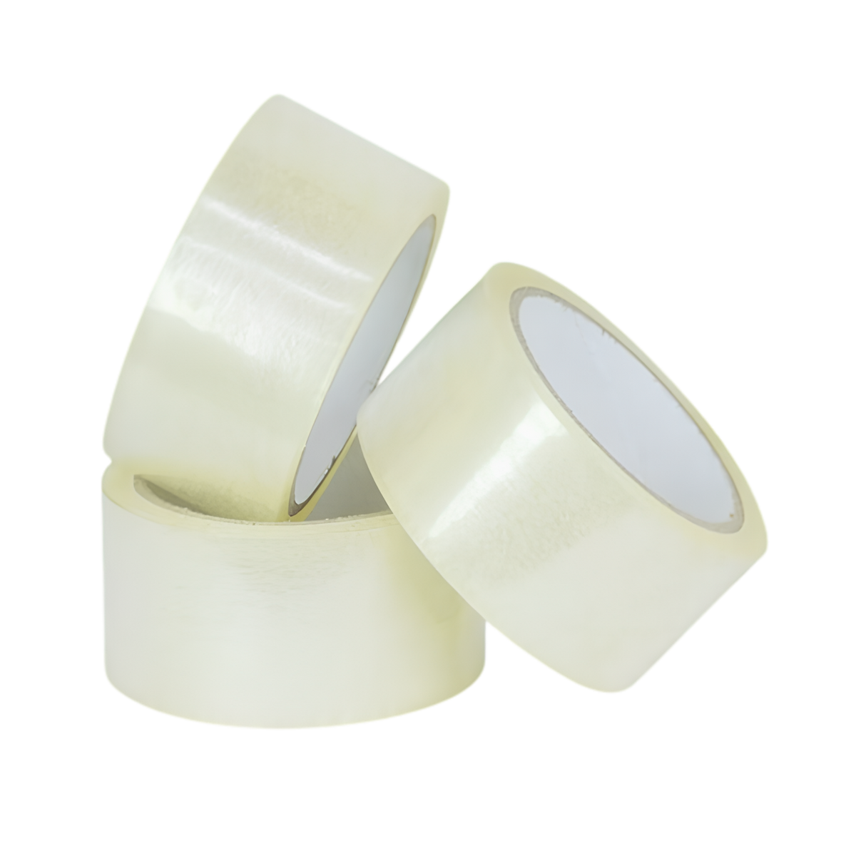 Three rolls of clear adhesive tape with a white backing.