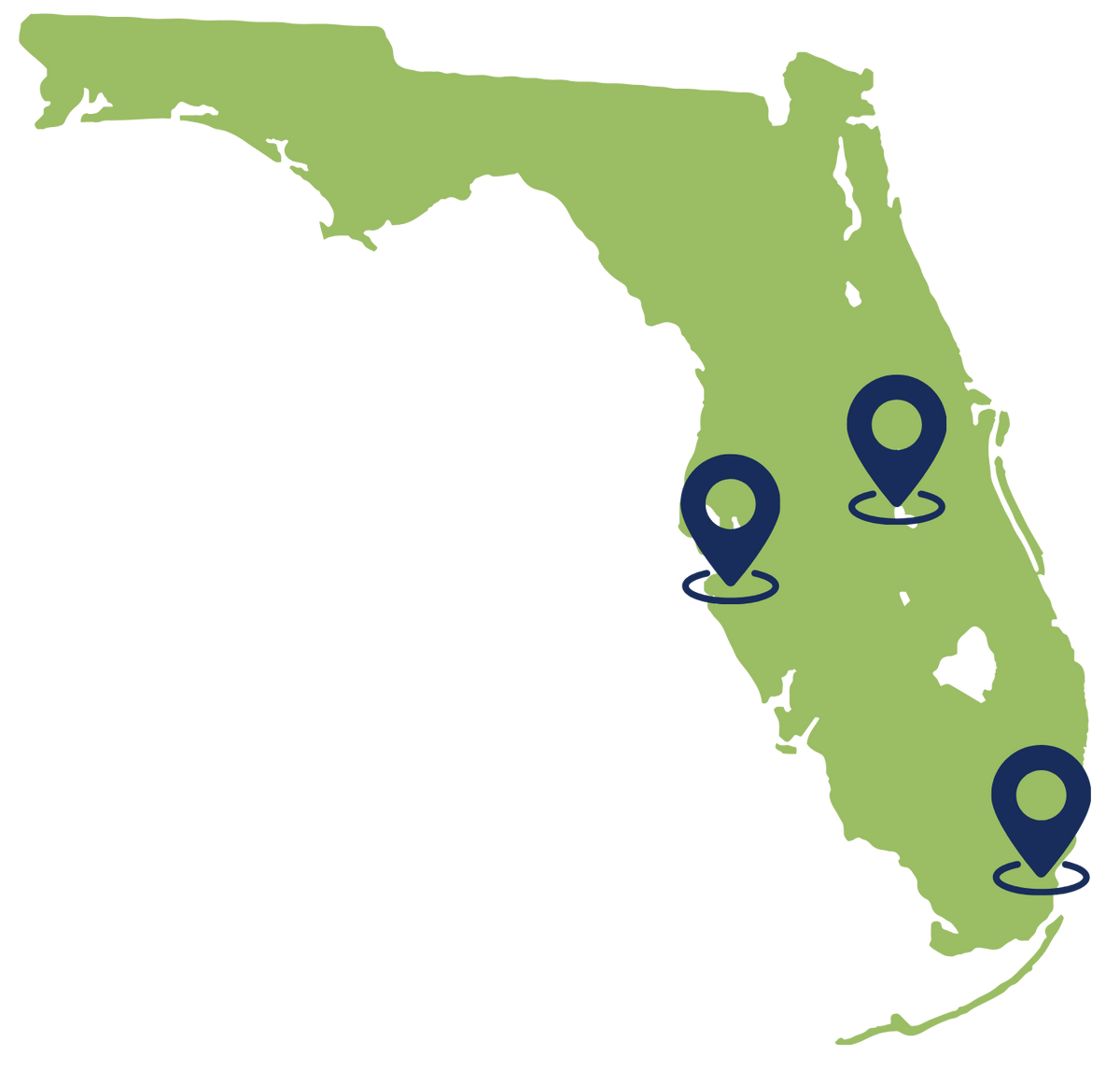 A green silhouette map of Florida with three dark blue location pin icons placed over the Tampa, Orlando, and Miami areas.