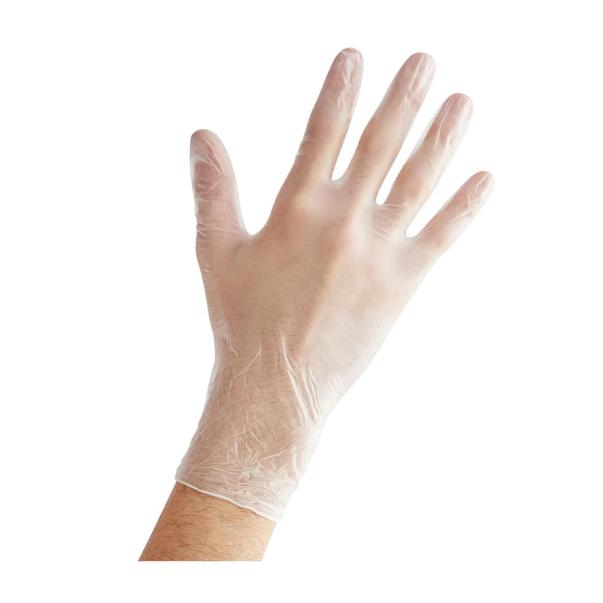 A single translucent disposable glove worn on a hand.