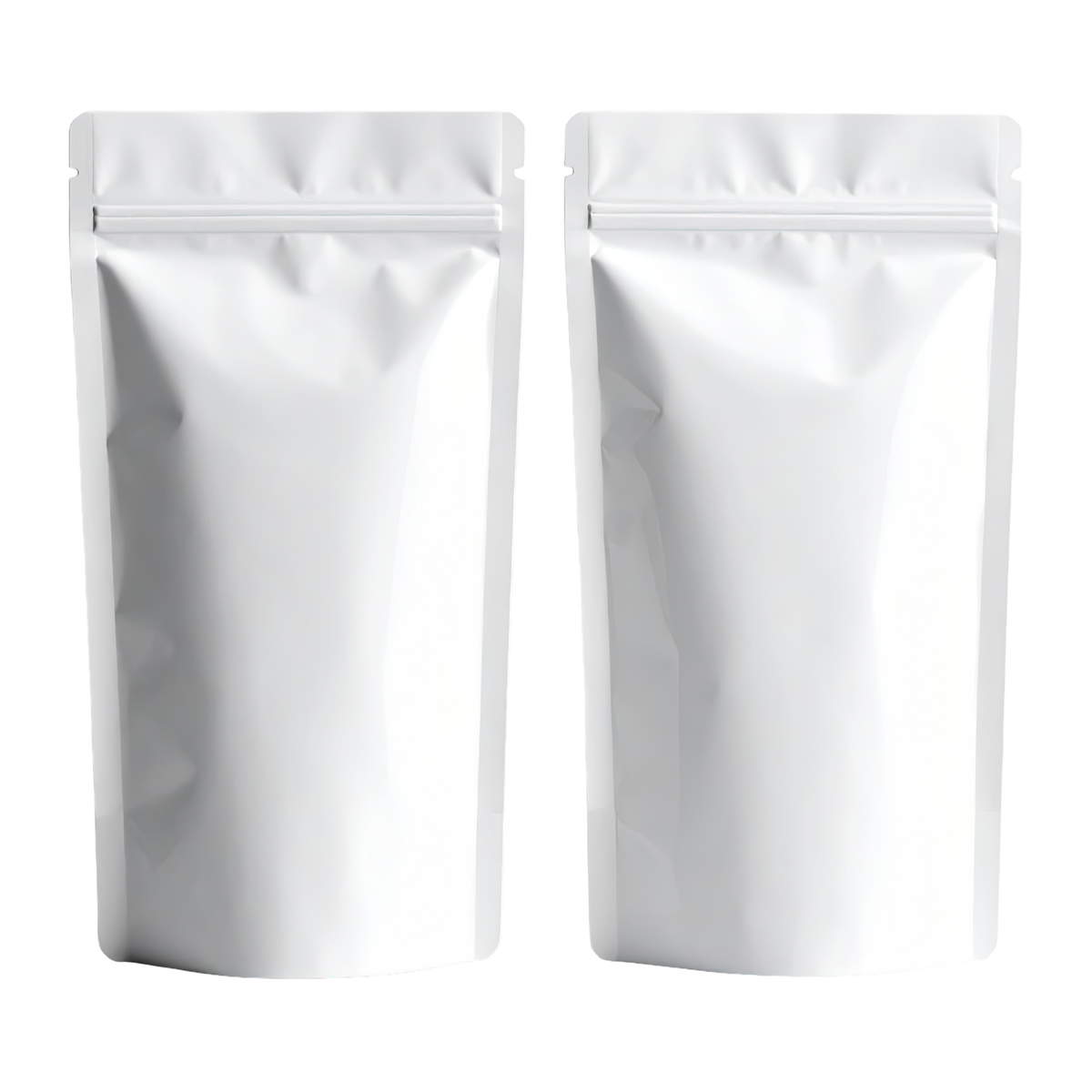 Two blank white stand-up pouches with zipper closures, shown side by side.